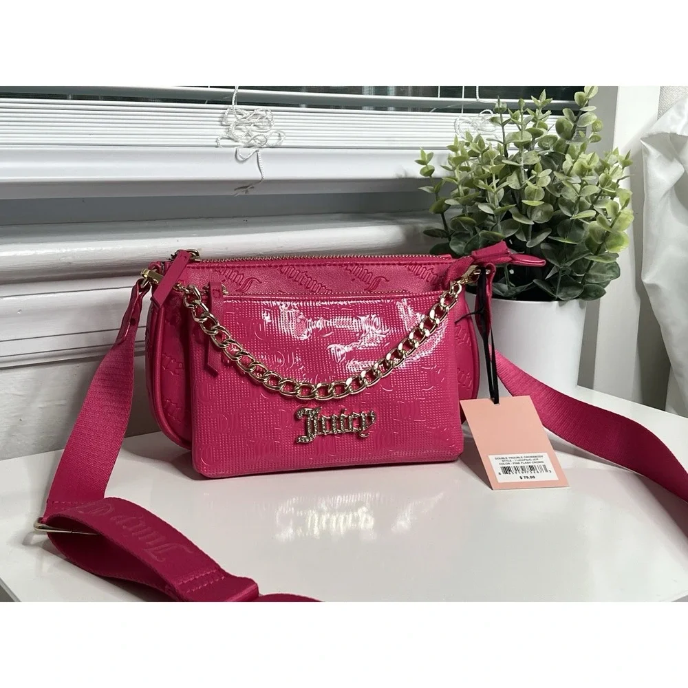 Juicy Couture Double Trouble Crossbody Bag Hot Pink Purse Gold Chain Pockets Zip